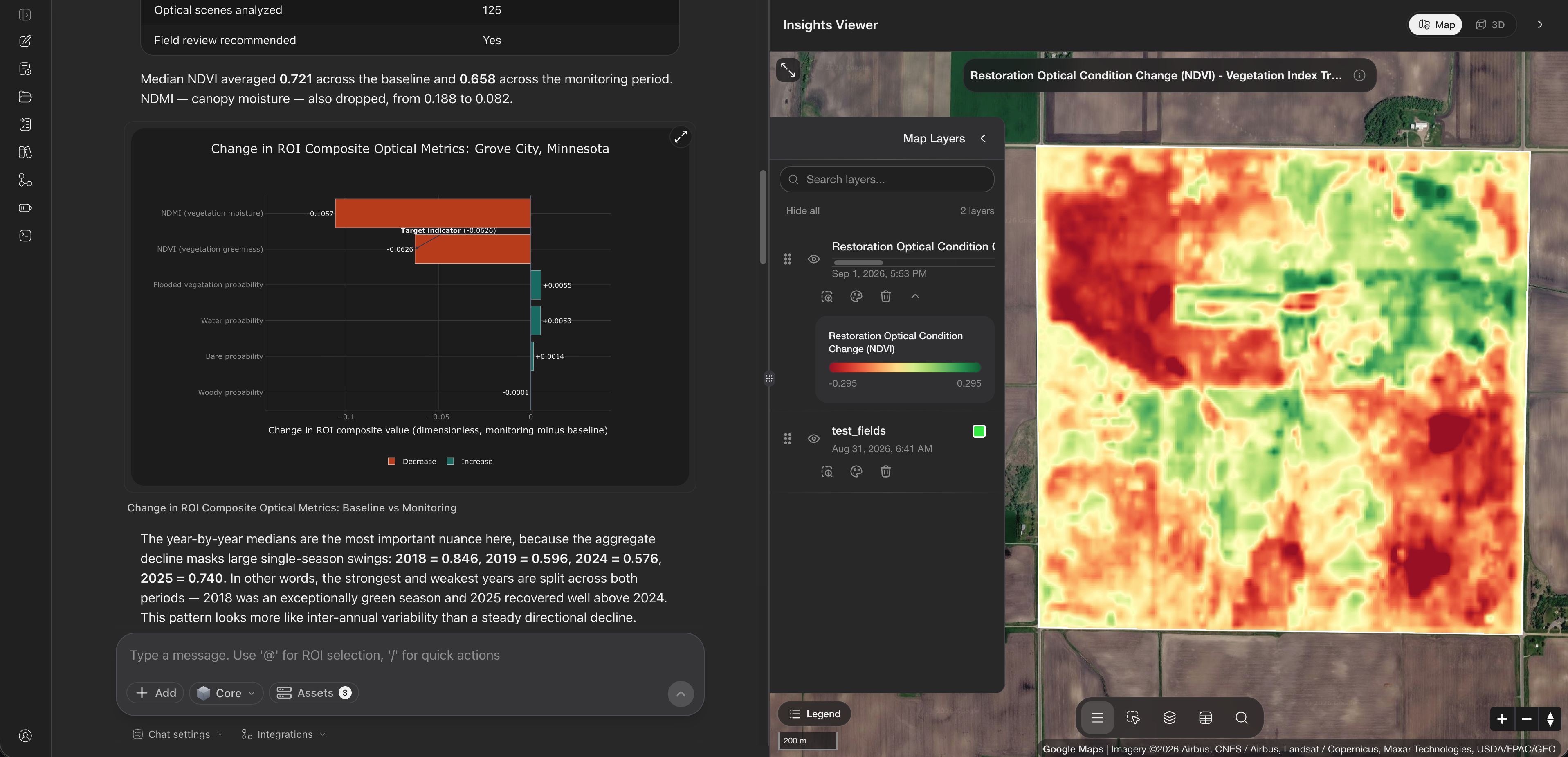 GeoRetina AI restoration condition trajectory with an optical-metric change chart and an NDVI change map