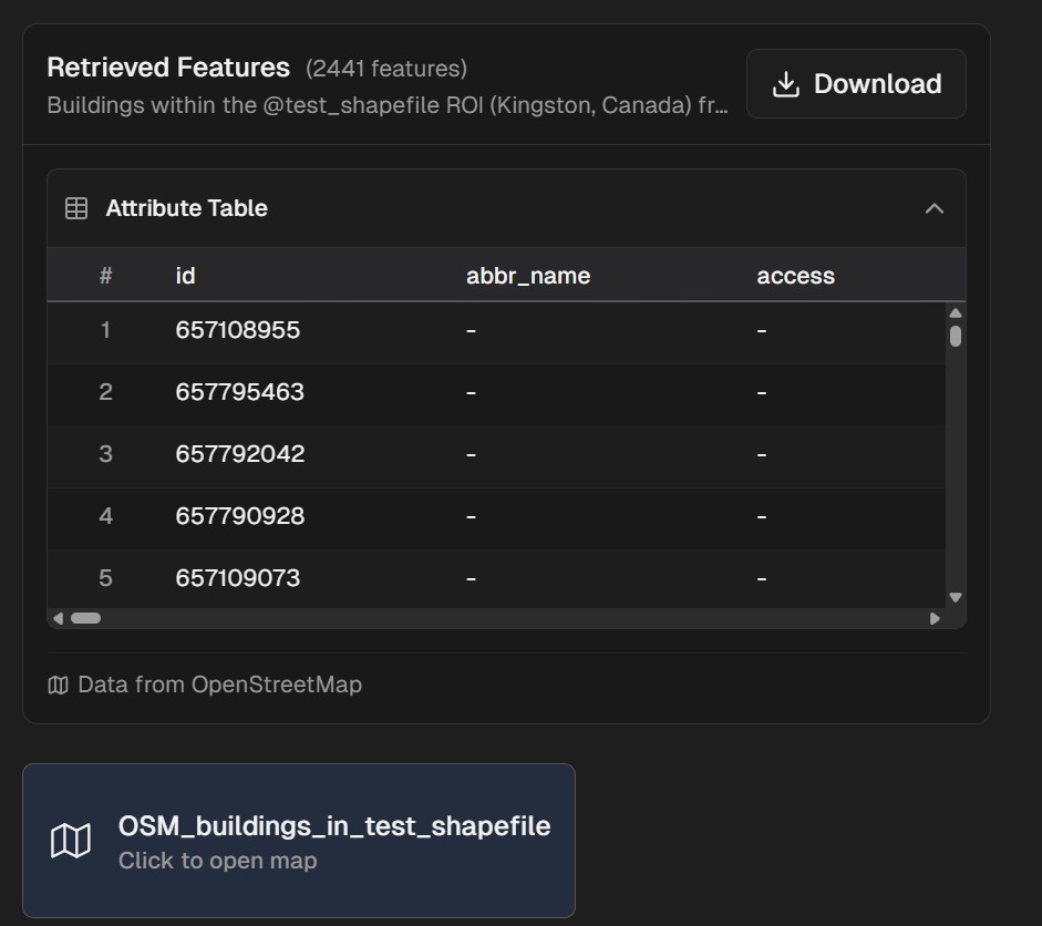OpenStreetMap query results table